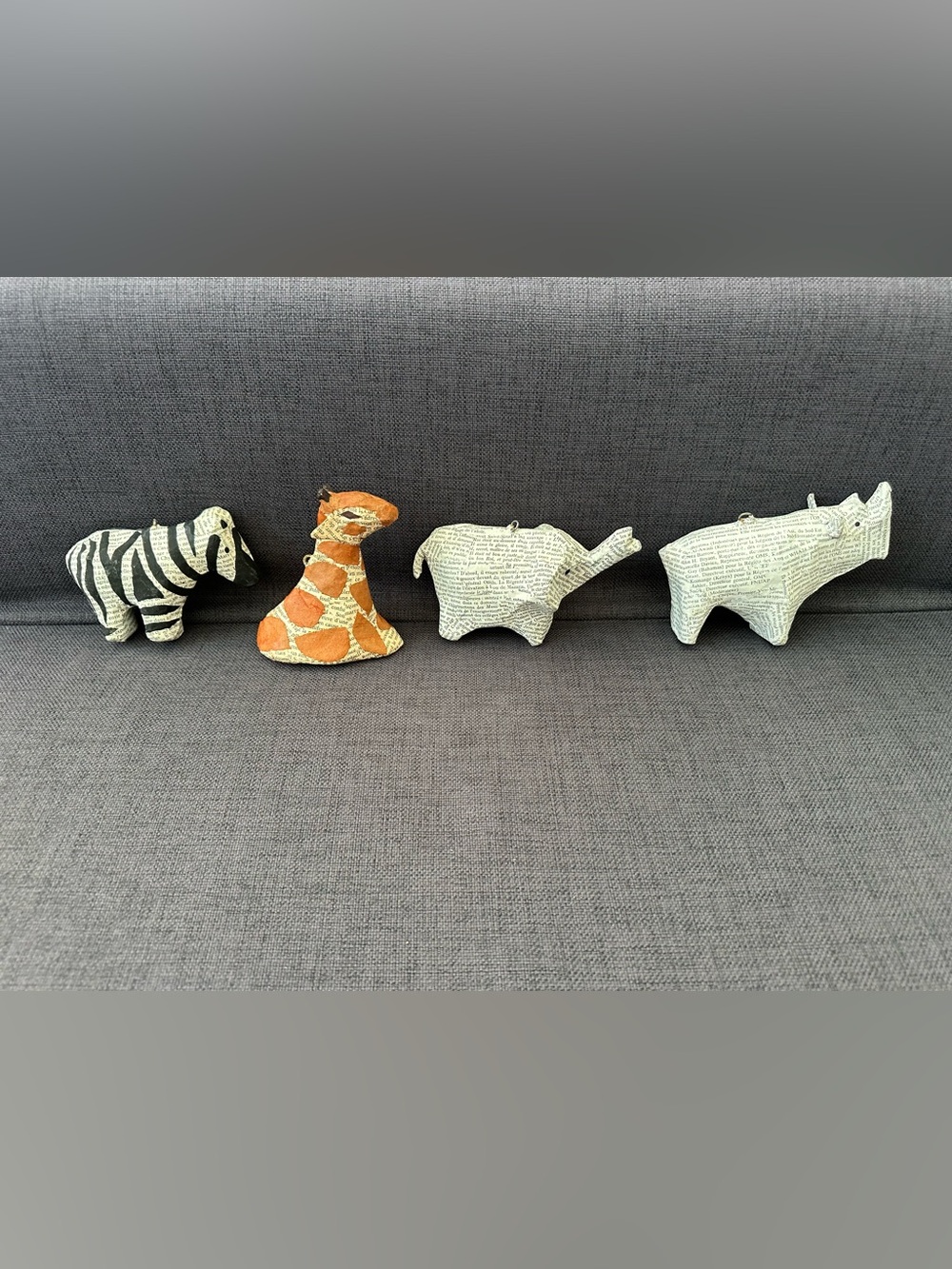 CB2 Paper-Mâché Safari Animal 4 piece Set - Newspaper Printed Animal Ornaments